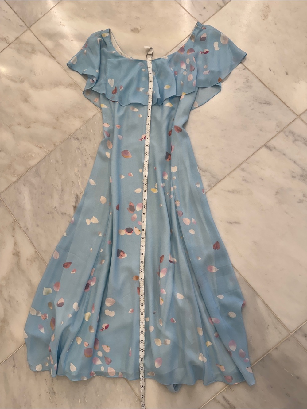 Theory- Light Blue Silk Dress with White, Mauve and Muted Pink Pint - Picture 3 of 9